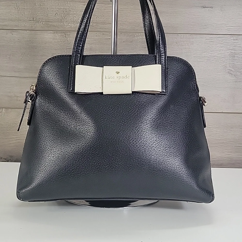 kate spade Black Leather Satchel with Ivory Bow Accent